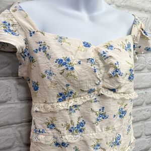 Babydoll Bohemian Floral Blouse Ivory Lace Whimsical Festival Milkmaid Top Sz M